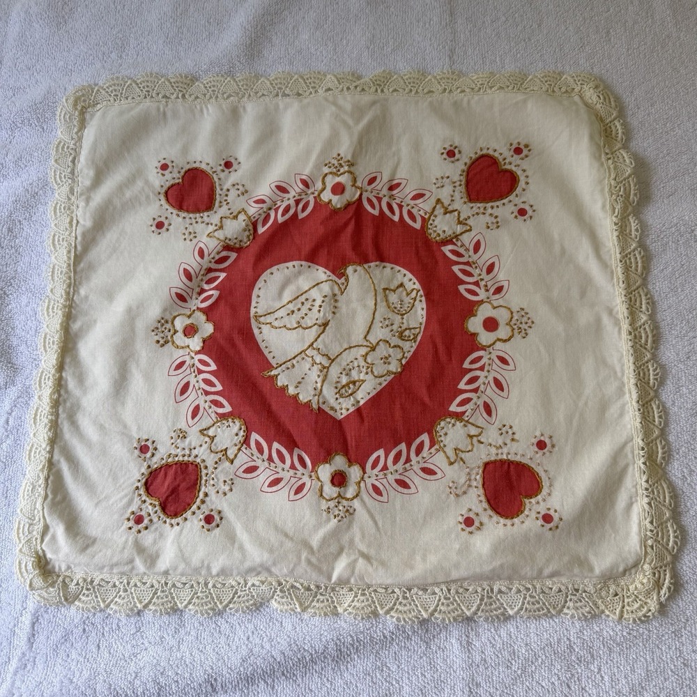 VTG Throw Pillow Cover Needlepoint Embroidered Floral Lace Trim Bird Handmade